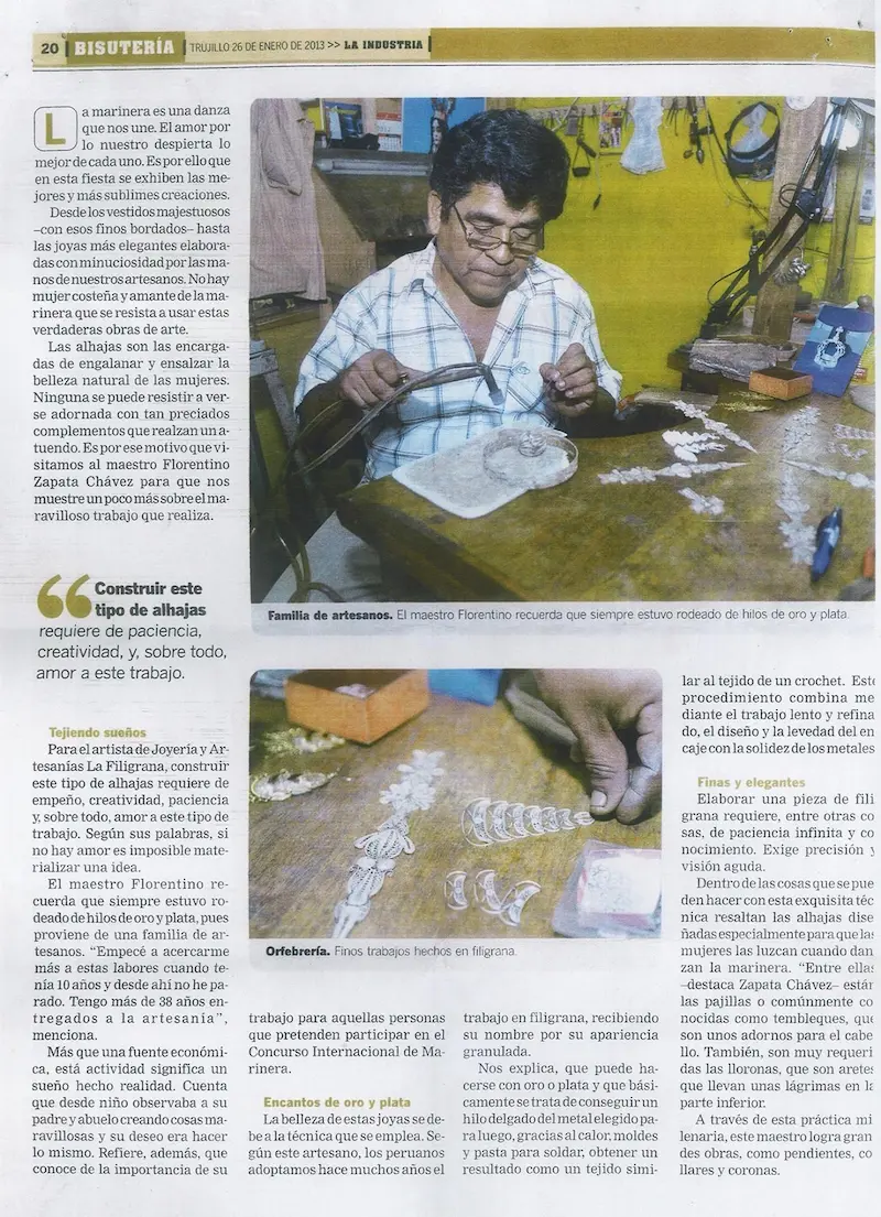 Publicación en periódico sobre Florentino Zapata Chávez - Joyería La Filigrana